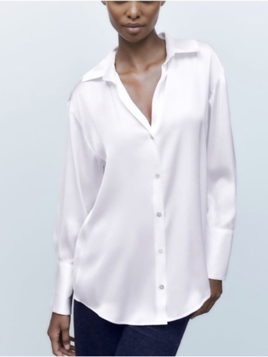 Zara Tops - Zara White Satin Effect Button Up Shirt M Medium Long Sleeve Collared Blouse
